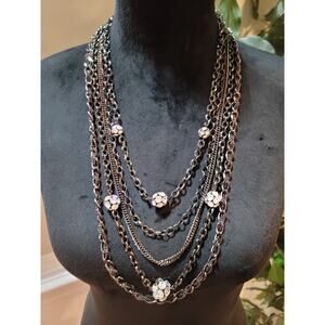 Womens Layered Gray Chain Necklace With Crystal Flower Accents Statement Jewelry